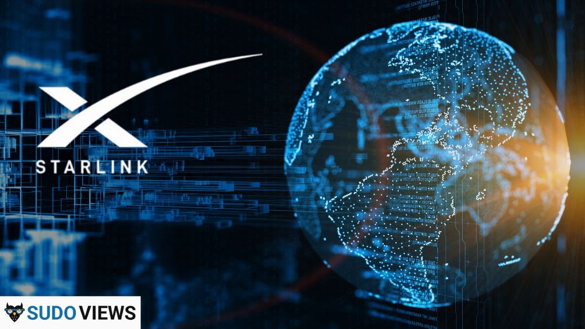 Starlink logo alongside a futuristic digital representation of Earth, symbolizing global satellite internet connectivity. Image by Sudo Views.