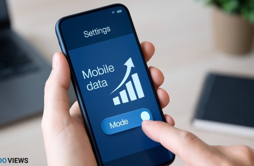 How to Improve Mobile Data Speeds, A person holding a smartphone outdoors with visible signal bars and digital network icons, representing mobile data and internet connectivity.