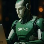 A photorealistic humanoid robot with a green and white design sits at a desk using a silver laptop, set against a cinematic, warmly lit background.