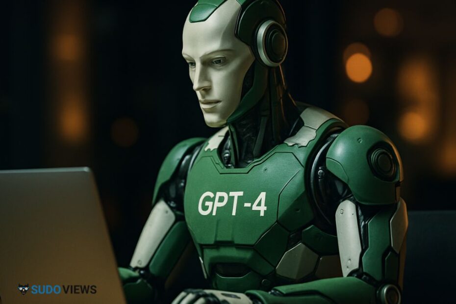 A photorealistic humanoid robot with a green and white design sits at a desk using a silver laptop, set against a cinematic, warmly lit background.