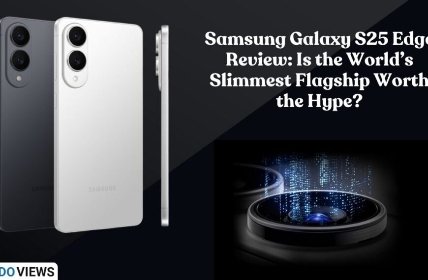Samsung Galaxy S25 Edge Review in silver and black colors showcasing its ultra-slim profile with dual cameras, next to a lens graphic representing advanced camera technology.