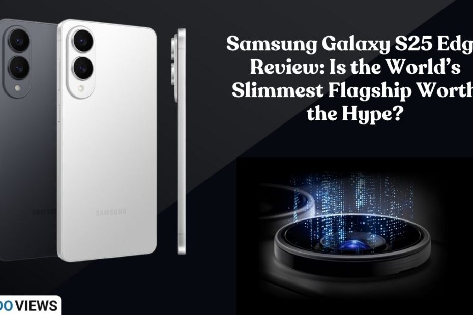 Samsung Galaxy S25 Edge Review in silver and black colors showcasing its ultra-slim profile with dual cameras, next to a lens graphic representing advanced camera technology.