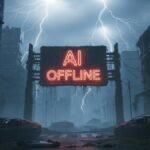 What Happens If AI Goes Offline, An image of a desolate, rain-soaked city street at night. A large, flickering red neon sign hangs over the road with the words "AI OFFLINE." Lightning flashes in the dark, stormy sky, illuminating broken-down, futuristic cars and overgrown buildings.
