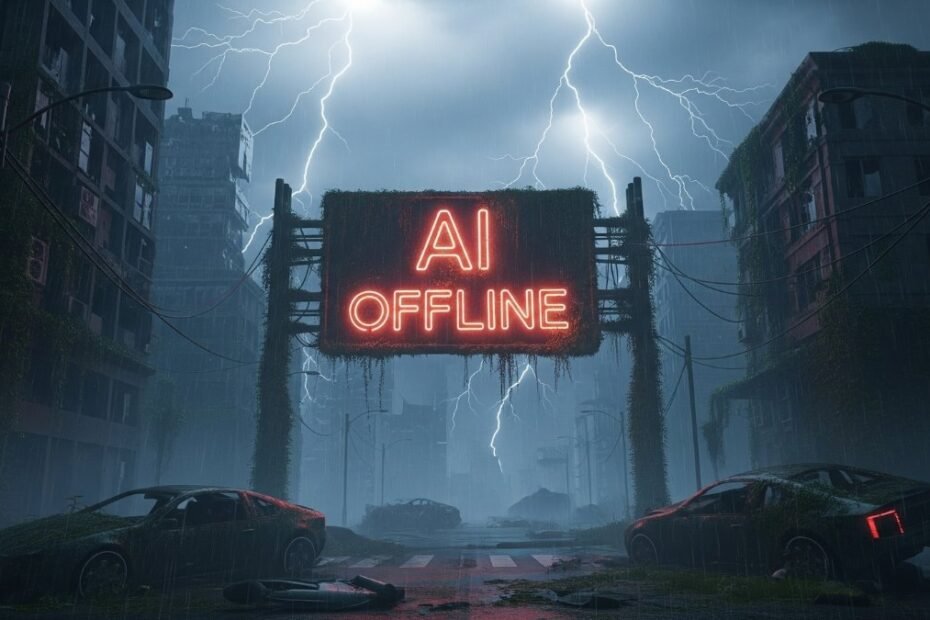 What Happens If AI Goes Offline, An image of a desolate, rain-soaked city street at night. A large, flickering red neon sign hangs over the road with the words "AI OFFLINE." Lightning flashes in the dark, stormy sky, illuminating broken-down, futuristic cars and overgrown buildings.