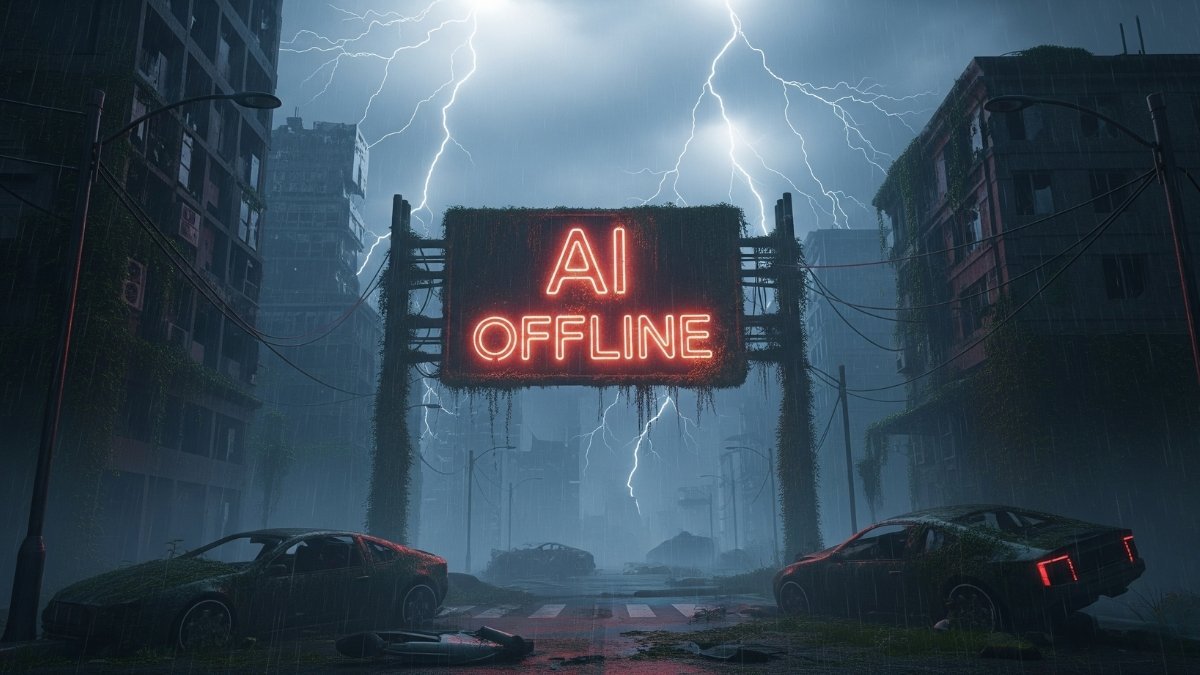 What Happens If AI Goes Offline? | How Dependent Are We on Constant Connectivity What Happens If AI Goes Offline, An image of a desolate, rain-soaked city street at night. A large, flickering red neon sign hangs over the road with the words "AI OFFLINE." Lightning flashes in the dark, stormy sky, illuminating broken-down, futuristic cars and overgrown buildings.