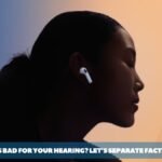 Side view of a person wearing AirPods, shown in dark silhouette against a soft blue-to-orange gradient, with a teal strip at the bottom featuring the title “Are AirPods Bad for Your Hearing? Let’s Separate Facts from Fear.”