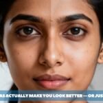 Do AI Cameras Actually Make You Look Better?, Indian woman’s face, split down the middle; one half shows natural appearance, the other half is digitally enhanced by AI camera effects, modern style