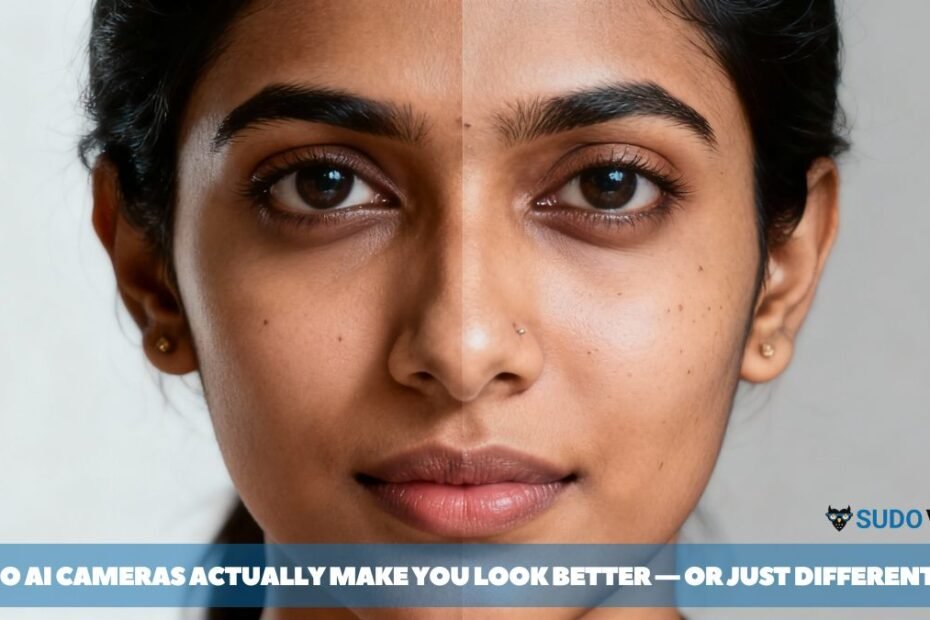 Do AI Cameras Actually Make You Look Better?, Indian woman’s face, split down the middle; one half shows natural appearance, the other half is digitally enhanced by AI camera effects, modern style