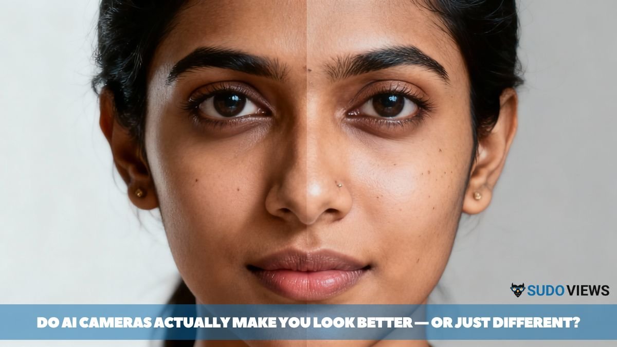 Do AI Cameras Actually Make You Look Better? Indian woman’s face, split down the middle; one half shows natural appearance, the other half is digitally enhanced by AI camera effects, modern style