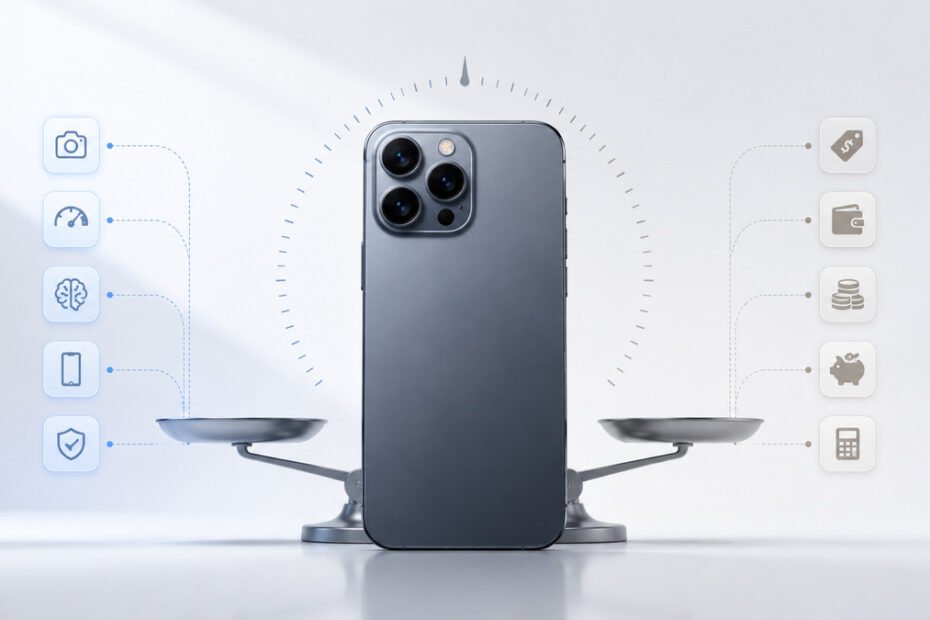 Is Upgrading to Flagship Phones Still Worth It? | Minimalist smartphone upgrade decision concept showing flagship features balanced against value and cost.